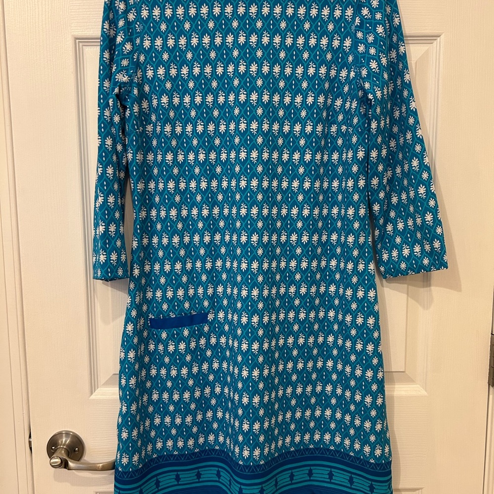 Cabana Life Blue and White Sheath Dress with 3/4 Cuffed Sleeves
